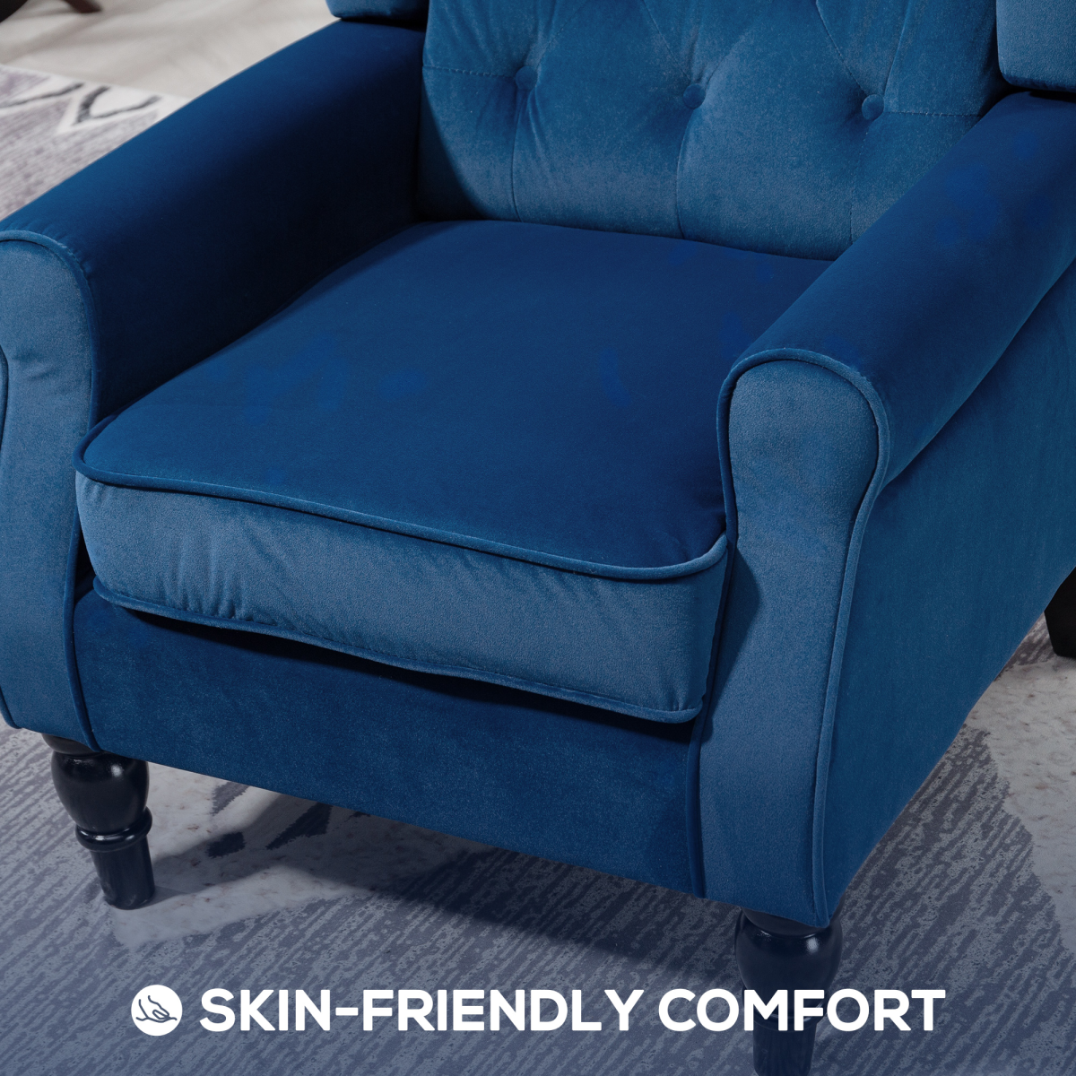 HOMCOM Wingback Accent Chair Tufted Retro Upholstery in blue velvet with high tufted back and wooden legs