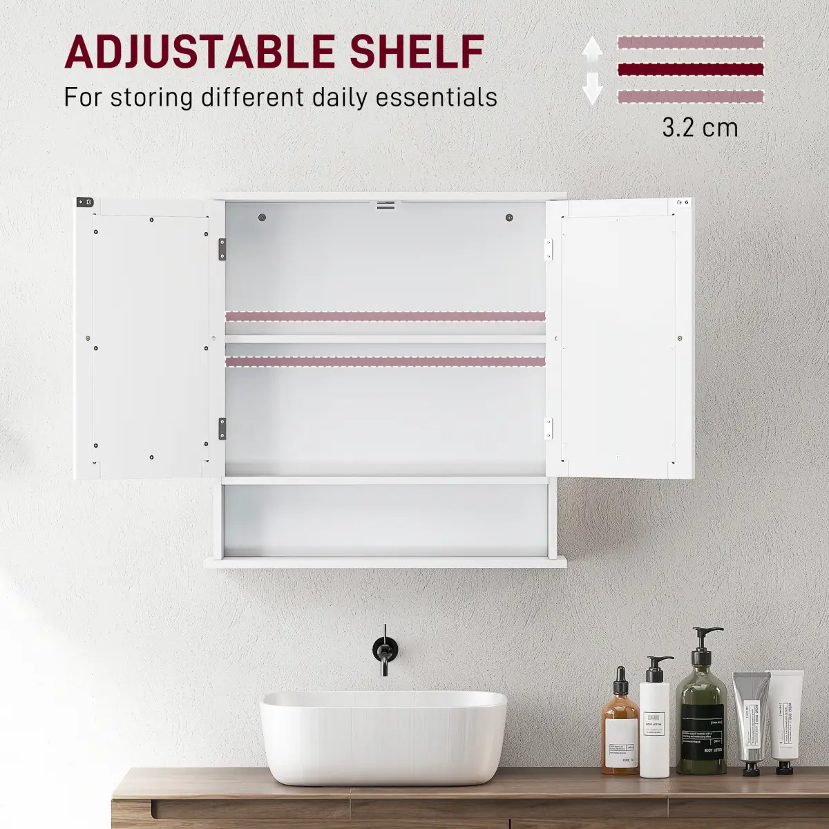 kleankin kleankin Wall Mounted Mirror Cabinet W/ Double Mirror Doors & Adjustable Shelf - Display Cabinet