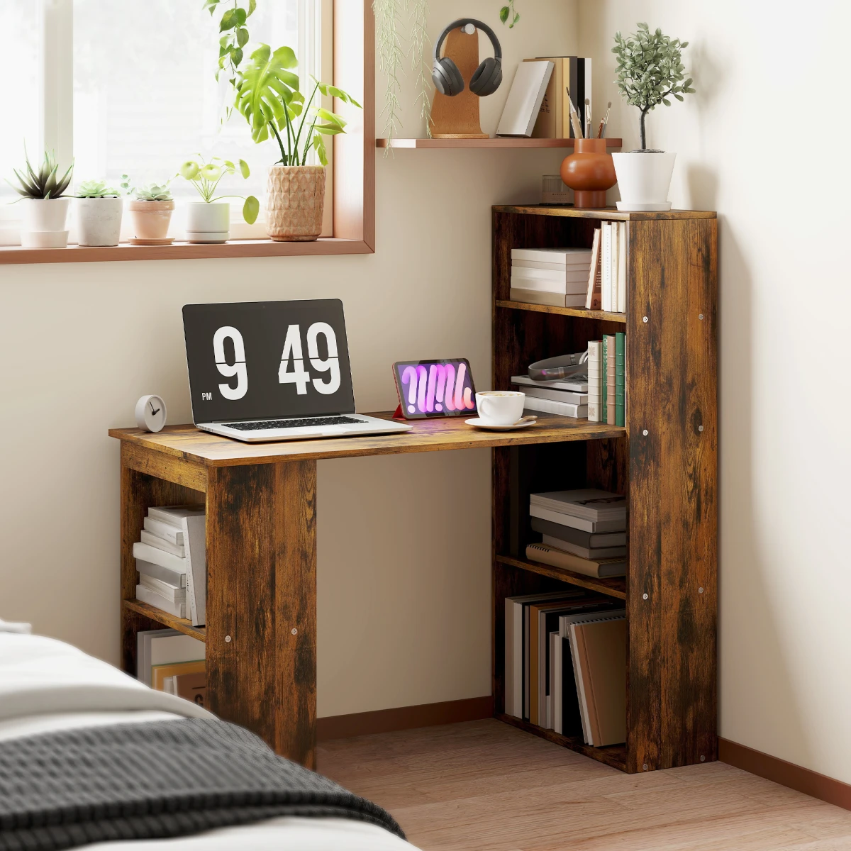 HOMCOM Computer Desk 120cm With 6 Shelves Bookshelf Space Saving Engineered Wood Home Office by HOMCOM