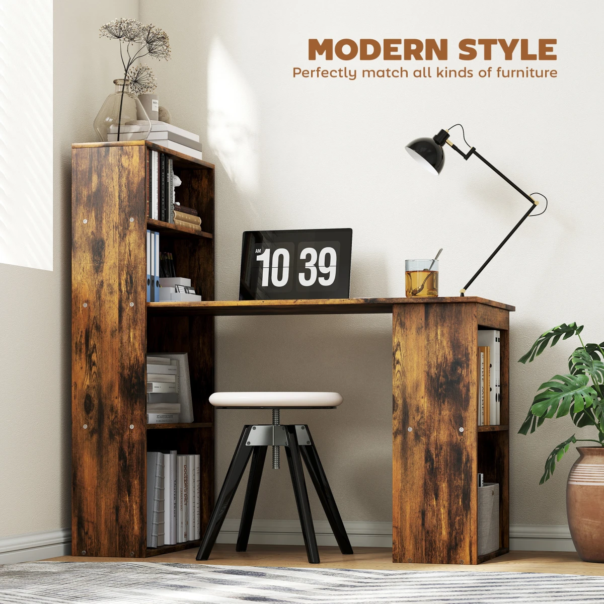 HOMCOM Computer Desk 120cm With 6 Shelves Bookshelf Space Saving Engineered Wood Home Office by HOMCOM