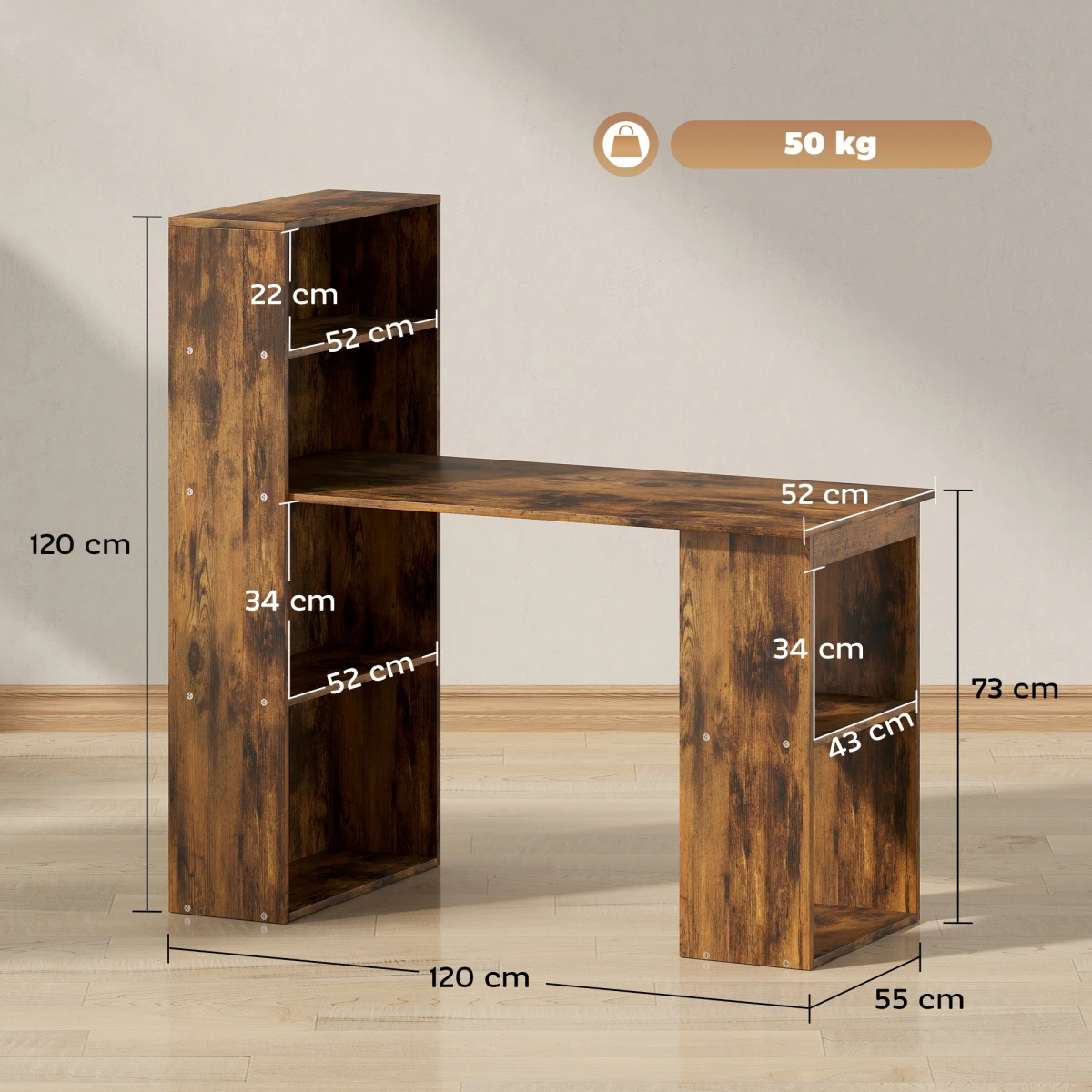 HOMCOM Computer Desk 120cm With 6 Shelves Bookshelf Space Saving Engineered Wood Home Office by HOMCOM
