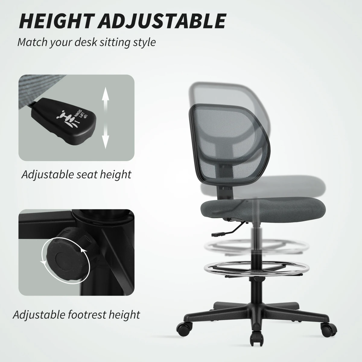 Vinsetto Swivel Mesh Chair 50 To 70 Cm With Footrest Office by Vinsetto