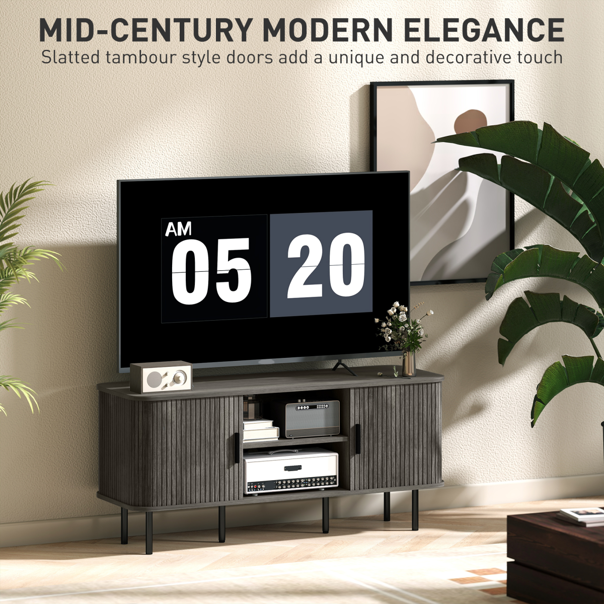 HOMCOM 140cm wide TV stand with two shelves and two cupboards, hidden cables, modern living room.