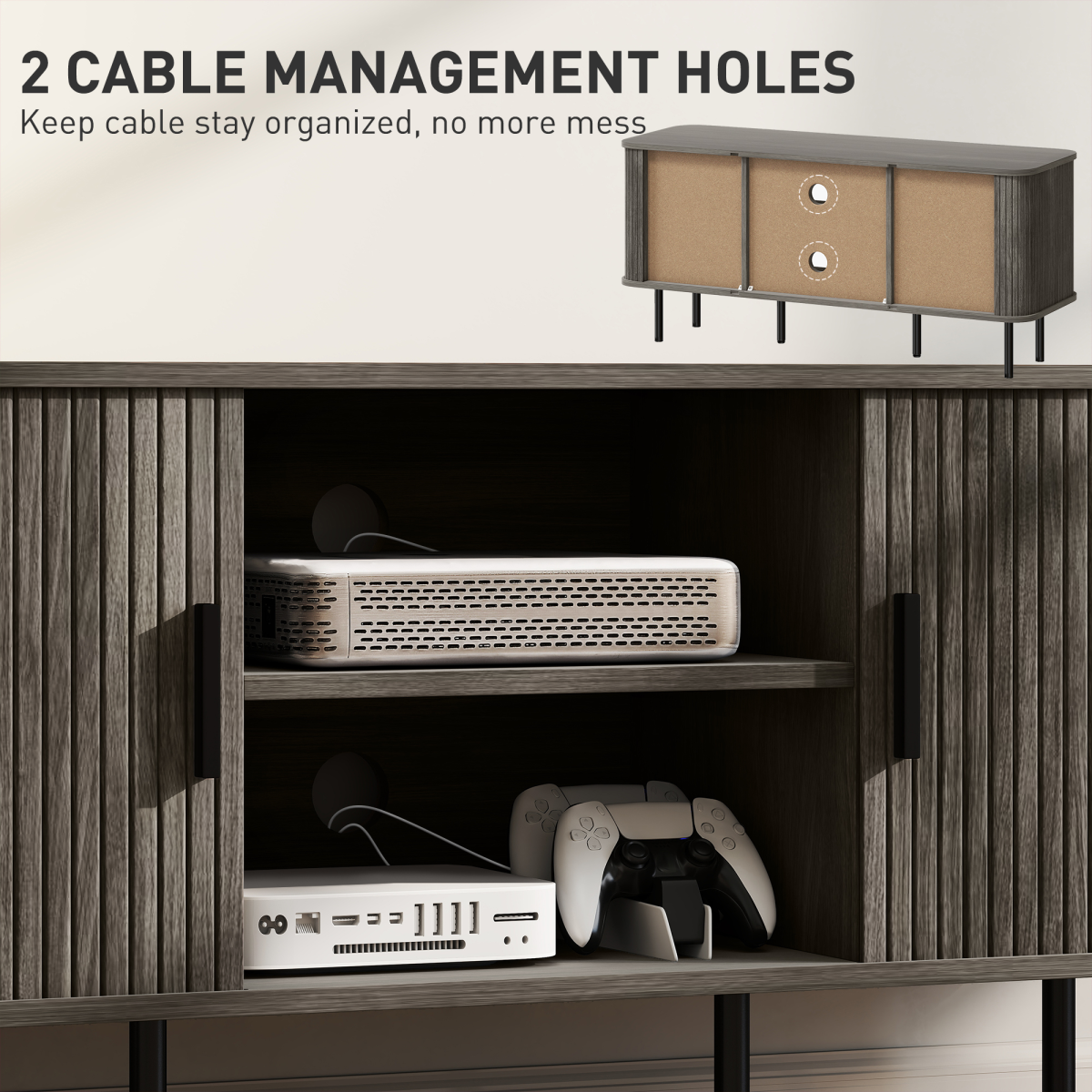 HOMCOM TV Stand Wide 140cm with two shelves, two cupboards, and hidden-cable holes for a tidy living room setup.