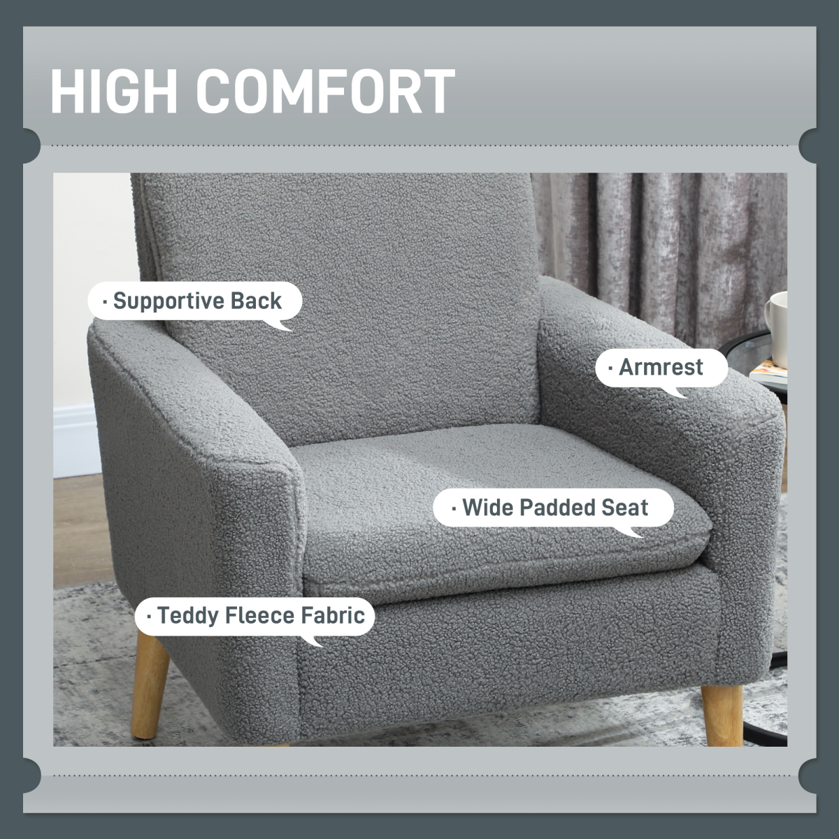 HOMCOM Accent Chair Wide Seat Teddy Fleece For Living Room in plush grey fabric with supportive back.