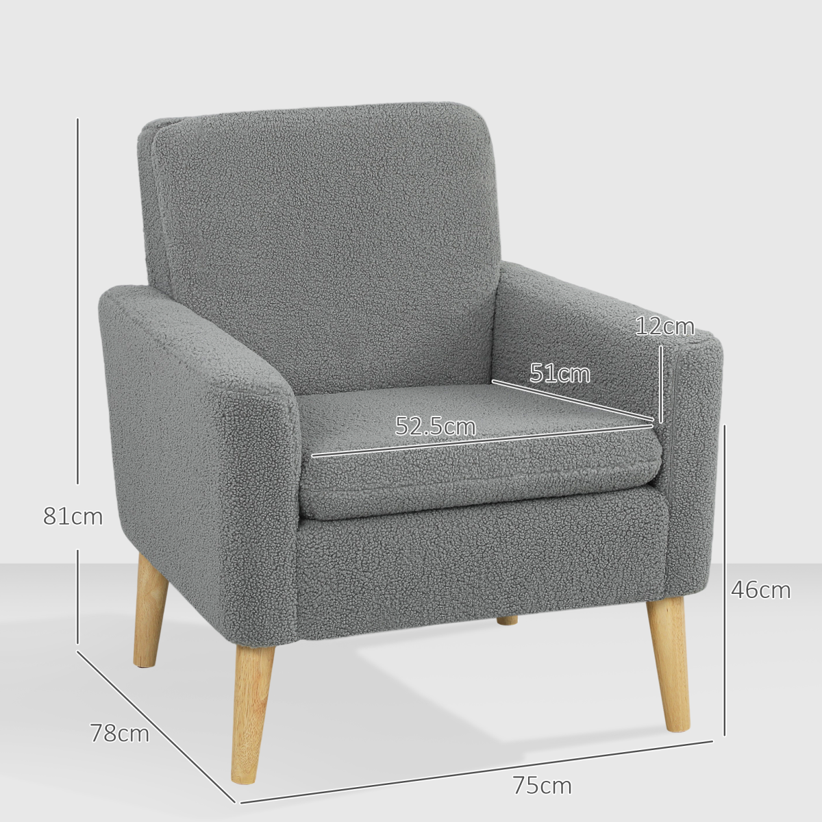 HOMCOM Accent Chair Wide Seat Teddy Fleece For Living Room, grey, solid wood legs.
