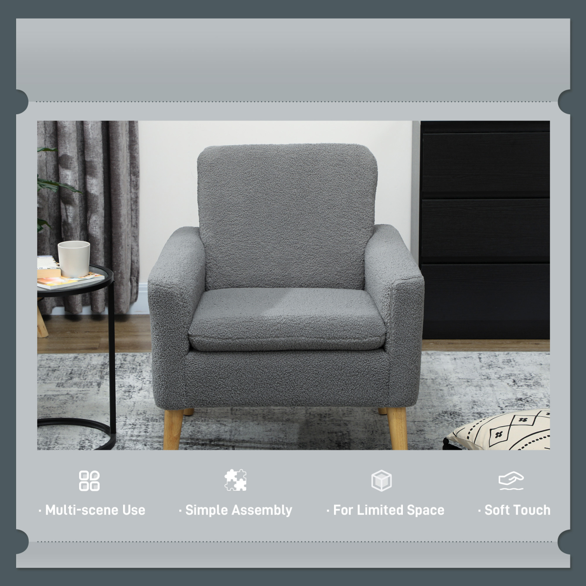 HOMCOM Accent Chair Wide Seat Teddy Fleece For Living Room in soft grey plush fabric with wooden legs.