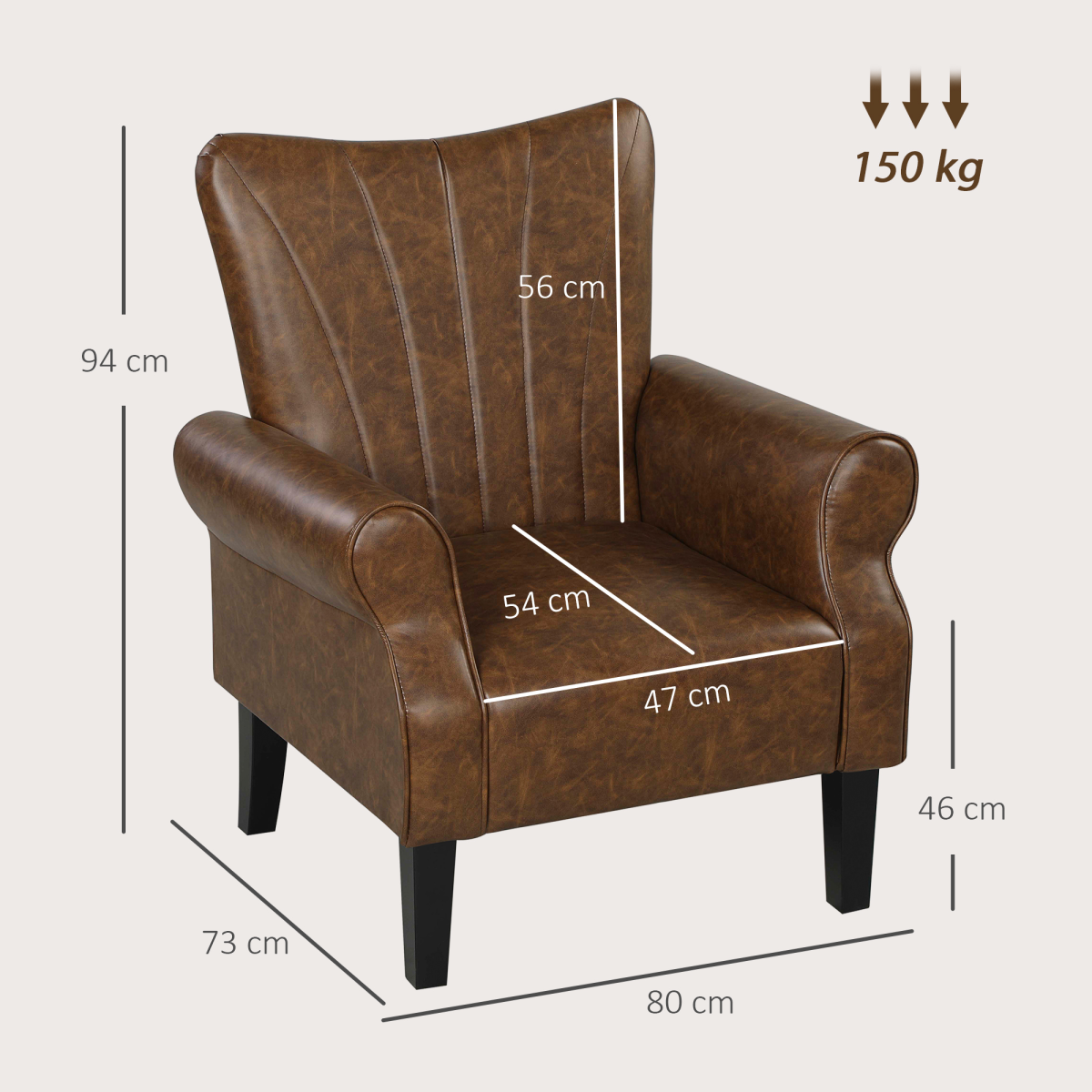 HOMCOM Upholstered Armchair 25cm Deep Wing Back Home in brown PU leather with padded wings.