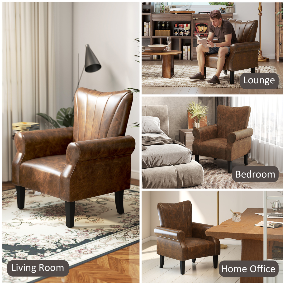HOMCOM Upholstered Armchair 25cm Deep Wing Back Home in brown PU leather, used in living room and home office