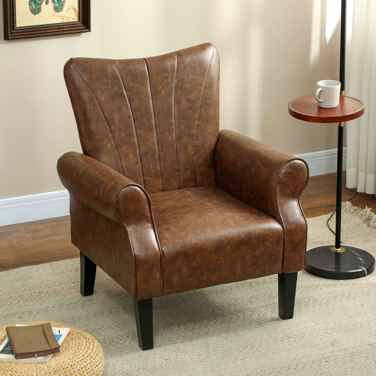 HOMCOM Upholstered Armchair 25cm Deep Wing Back Home in brown PU leather for a cosy living room.