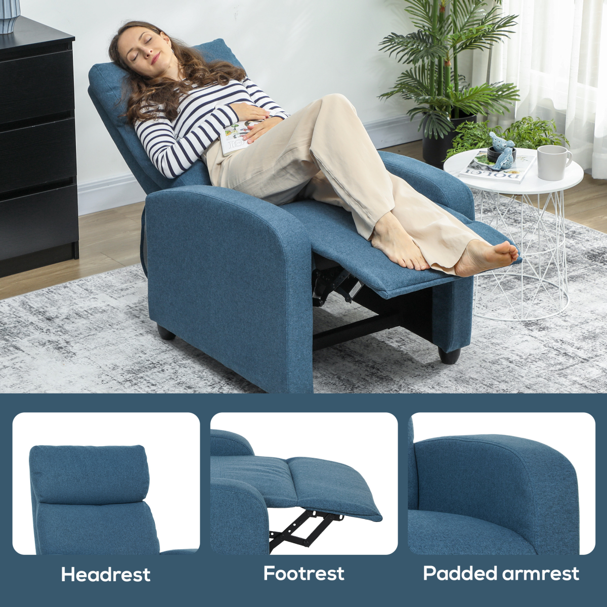 HOMCOM Linen Recliner Chair 135 Degree Recline Comfort Blue a woman relaxes in a blue recliner with footrest.