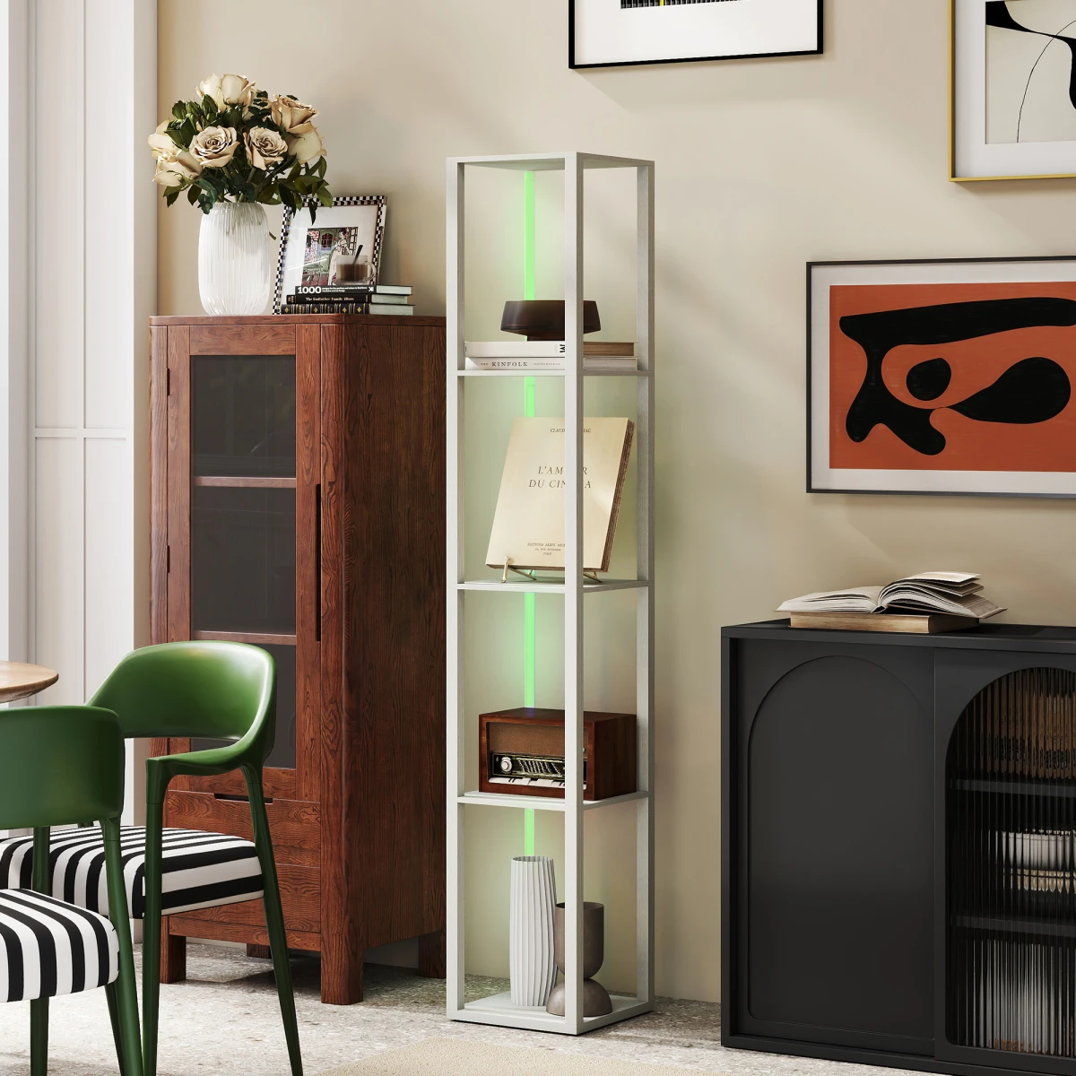 HOMCOM RGB LED Floor Lamp With Shelves 29L Remote Control Oak Finish Bedroom Decor by HOMCOM