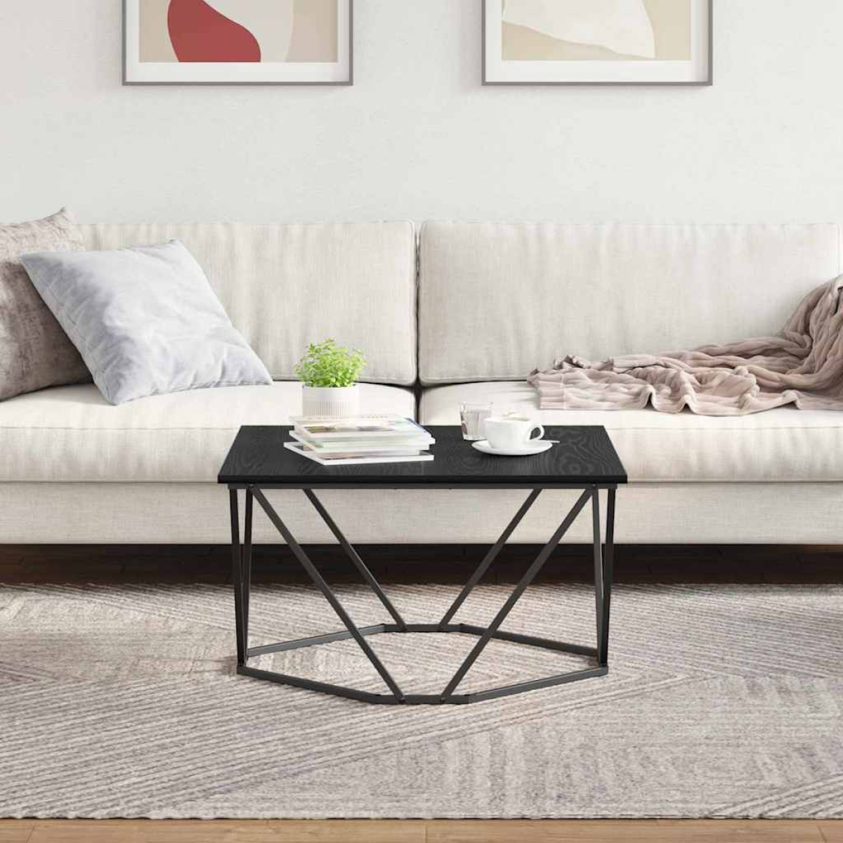 VidaXL Coffee Table 80x80x45 cm Black Oak Living Room, modern black metal frame with dark oak top in a living room.