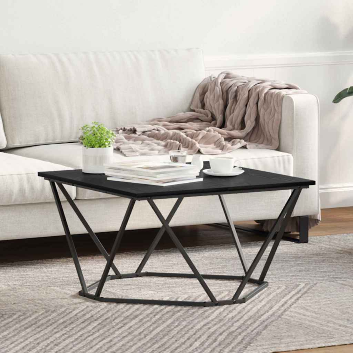 VidaXL Coffee Table 80x80x45 cm Black Oak Living Room black metal coffee table in a modern living room.
