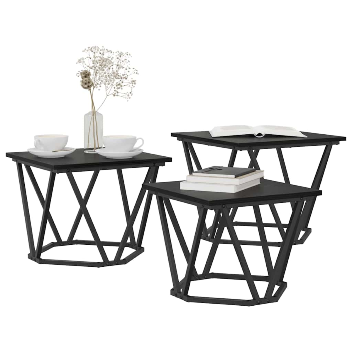 VidaXL Coffee Tables 50 x 50 x 40 cm Black Oak Set of 3 — three square tables with oak tops and black metal bases.