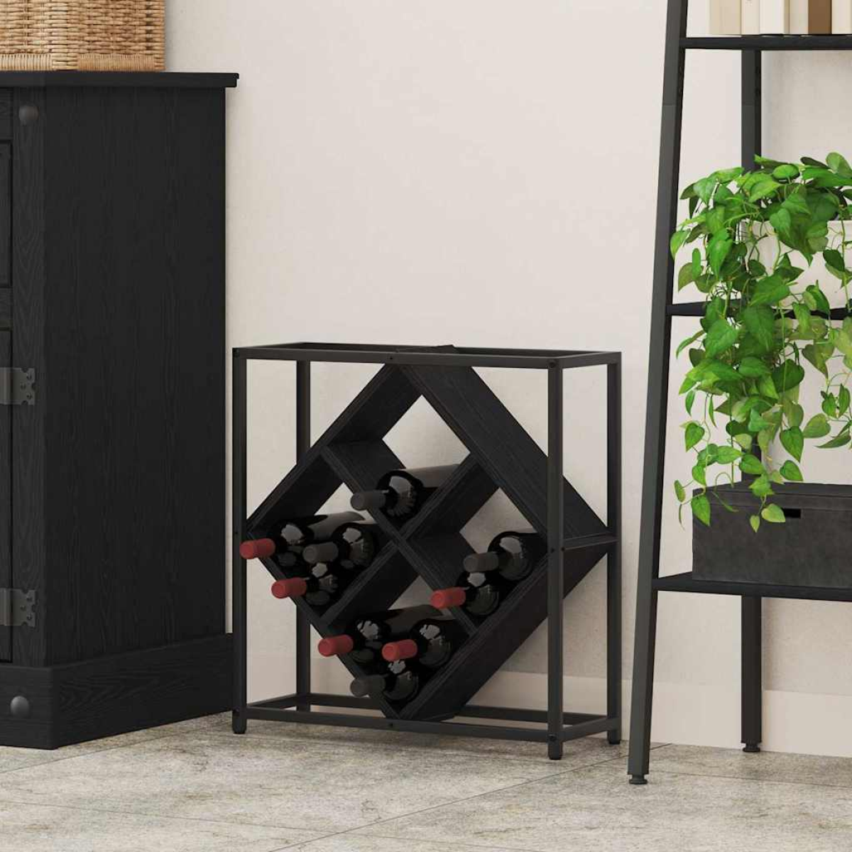 VidaXL Wine Rack 51x18x52.5 cm Black Engineered Wood At Home in a modern room, neatly displaying wine bottles.