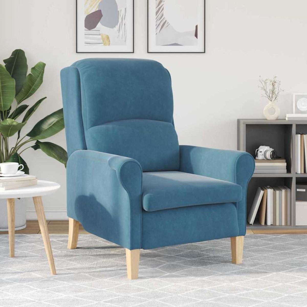 VidaXL blue velvet armchair, 76x94x102 cm, high back with rounded arms in a contemporary living room.