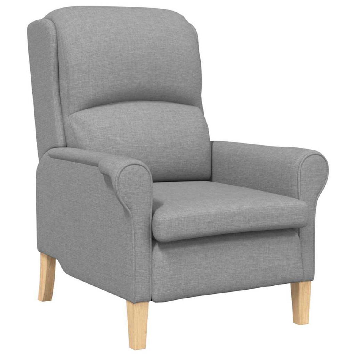 VidaXL armchair, 76x94x102 cm, light grey fabric, tall back, cushioned seat, slim rounded arms, wooden legs.