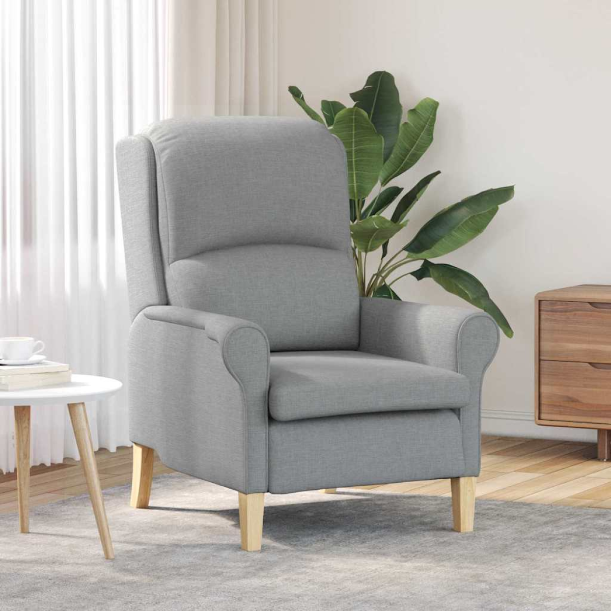 VidaXL armchair 76x94x102 cm in light grey fabric with tall back and rounded arms in a modern living room.