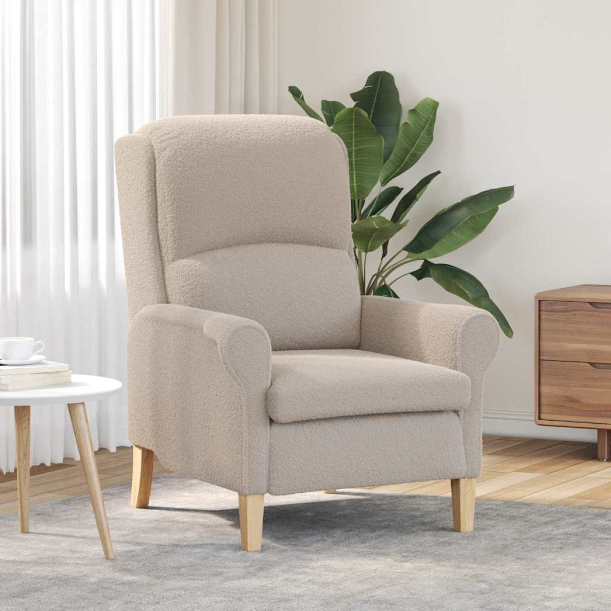 VidaXL armchair in beige textured fabric with plush upholstery and wooden legs in a modern living room.