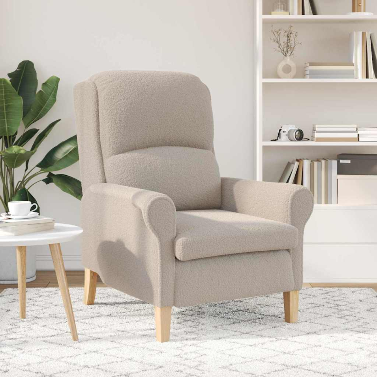 VidaXL armchair 76 x 94 x 102 cm in beige fabric with wooden legs in a cozy living room.