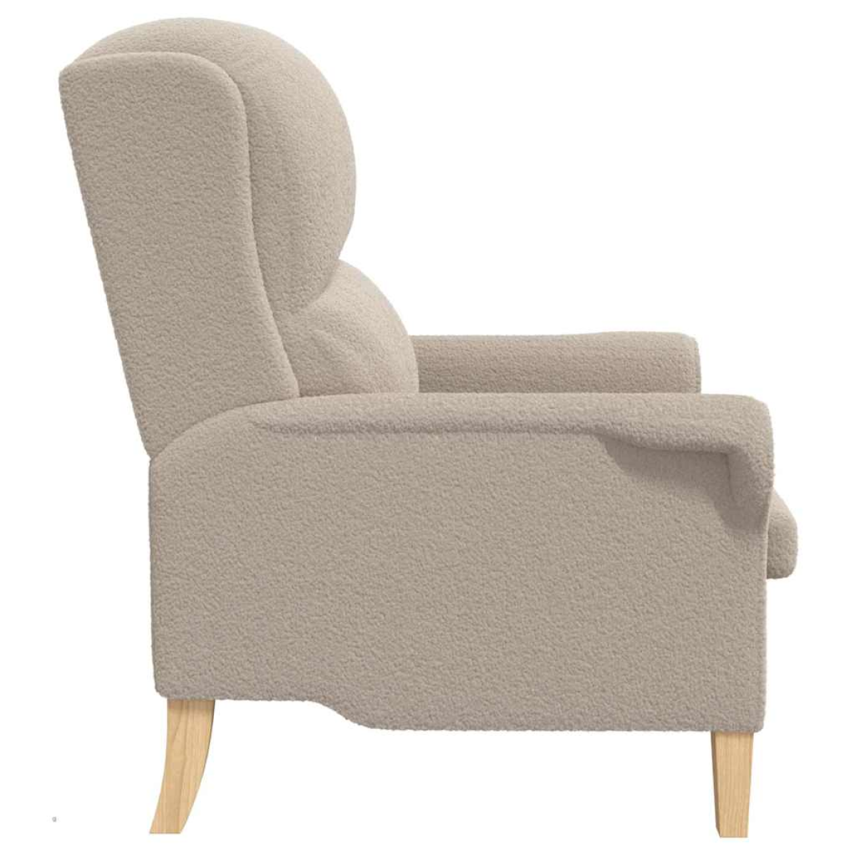 Beige VidaXL armchair with textured boucle fabric, high back, cushioned arms, and wooden legs.