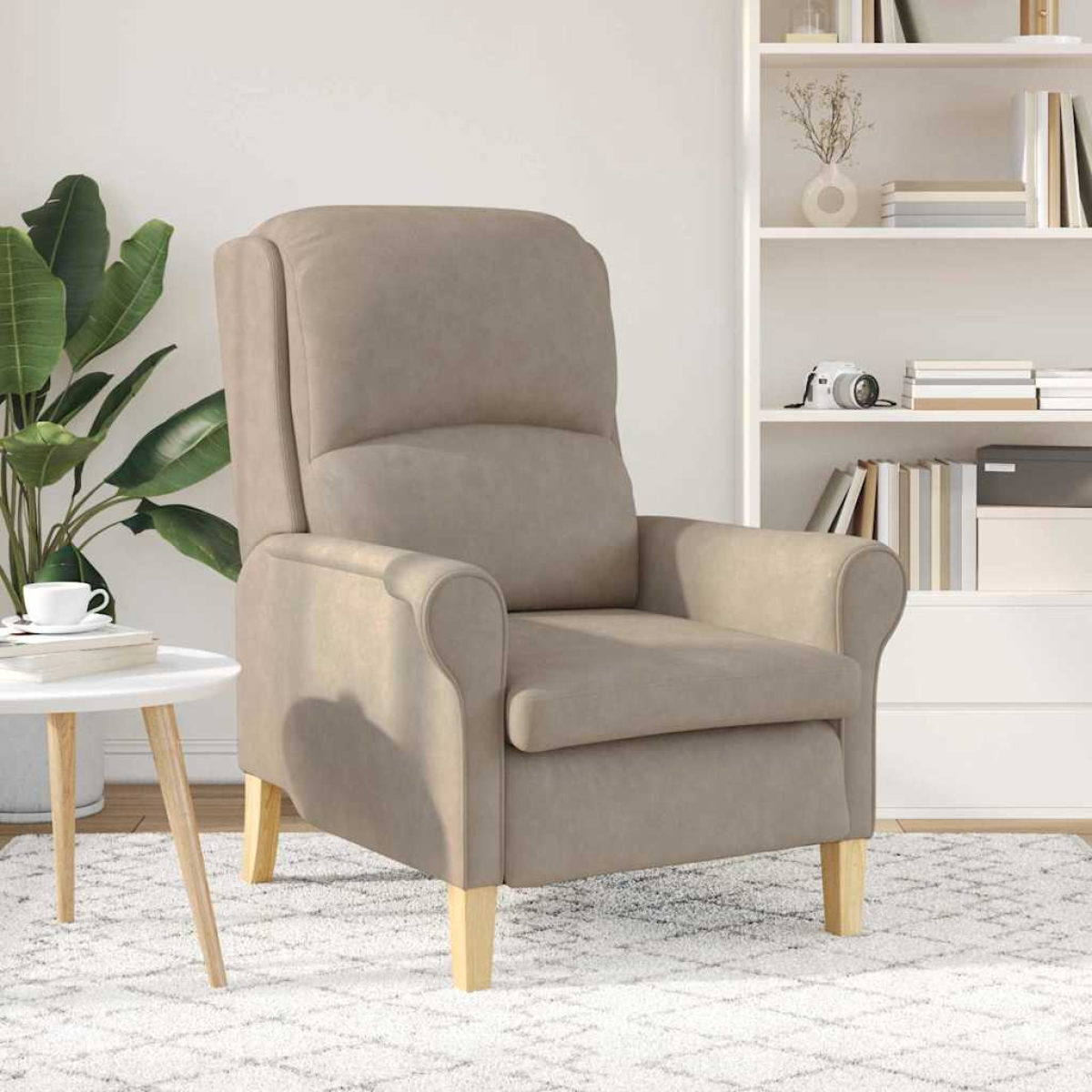 VidaXL taupe microfibre armchair (76x94x102 cm) in a modern living room with light wood legs.