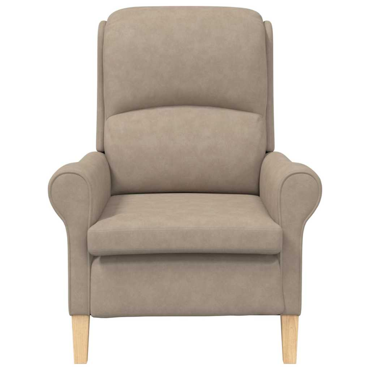 VidaXL taupe microfibre armchair, 76x94x102 cm, cushioned seat with curved arms and wooden legs.