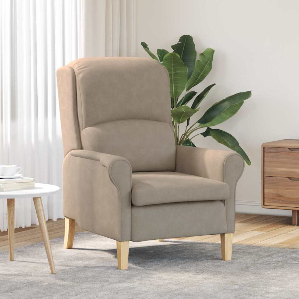VidaXL Taupe microfibre armchair with cushioned seat and wooden legs in a modern living room.