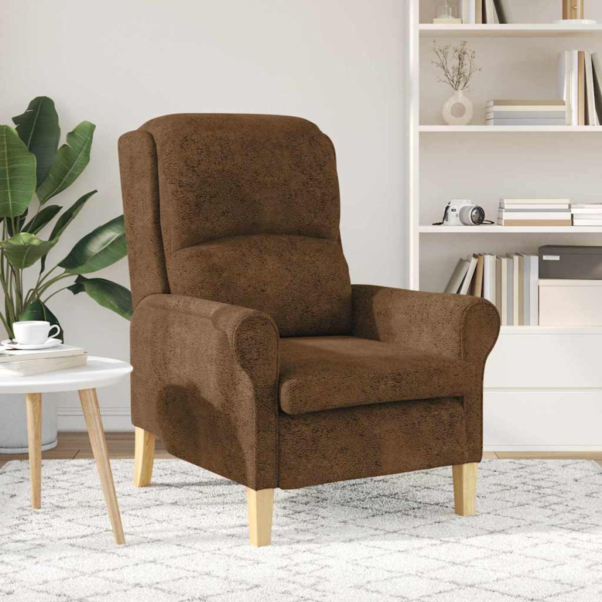 VidaXL brown faux leather armchair, 76 x 94 x 102 cm, with light wooden legs and ergonomic high back.