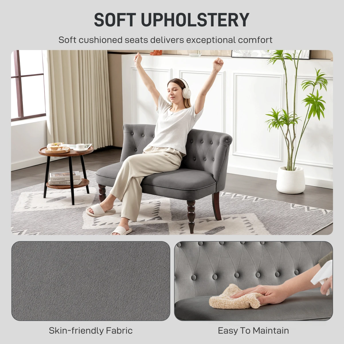 HOMCOM HOMCOM Velvet-Feel Two-Seat Lounger Sofa Wood Frame Tufted Wingback For Elegant Living Room Decor - Sofa