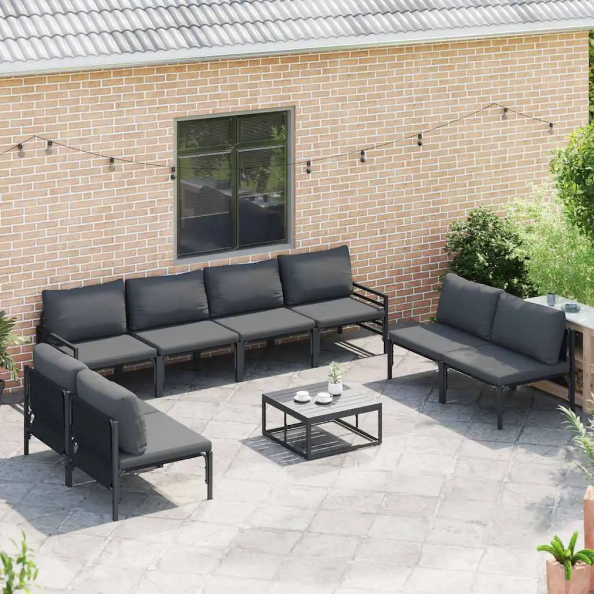vidaXL vidaXL Garden Sofa Set with Cushion 8 pcs Black Steel - Garden Sofa Sets
