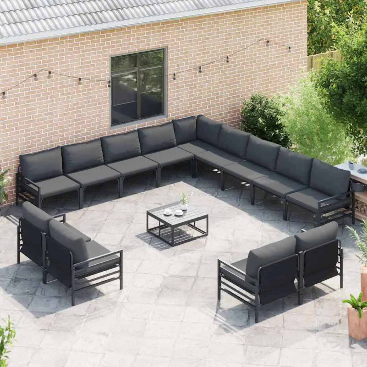 vidaXL vidaXL Garden Sofa Set with Cushion 13 pcs Black Steel - Garden Sofa Sets