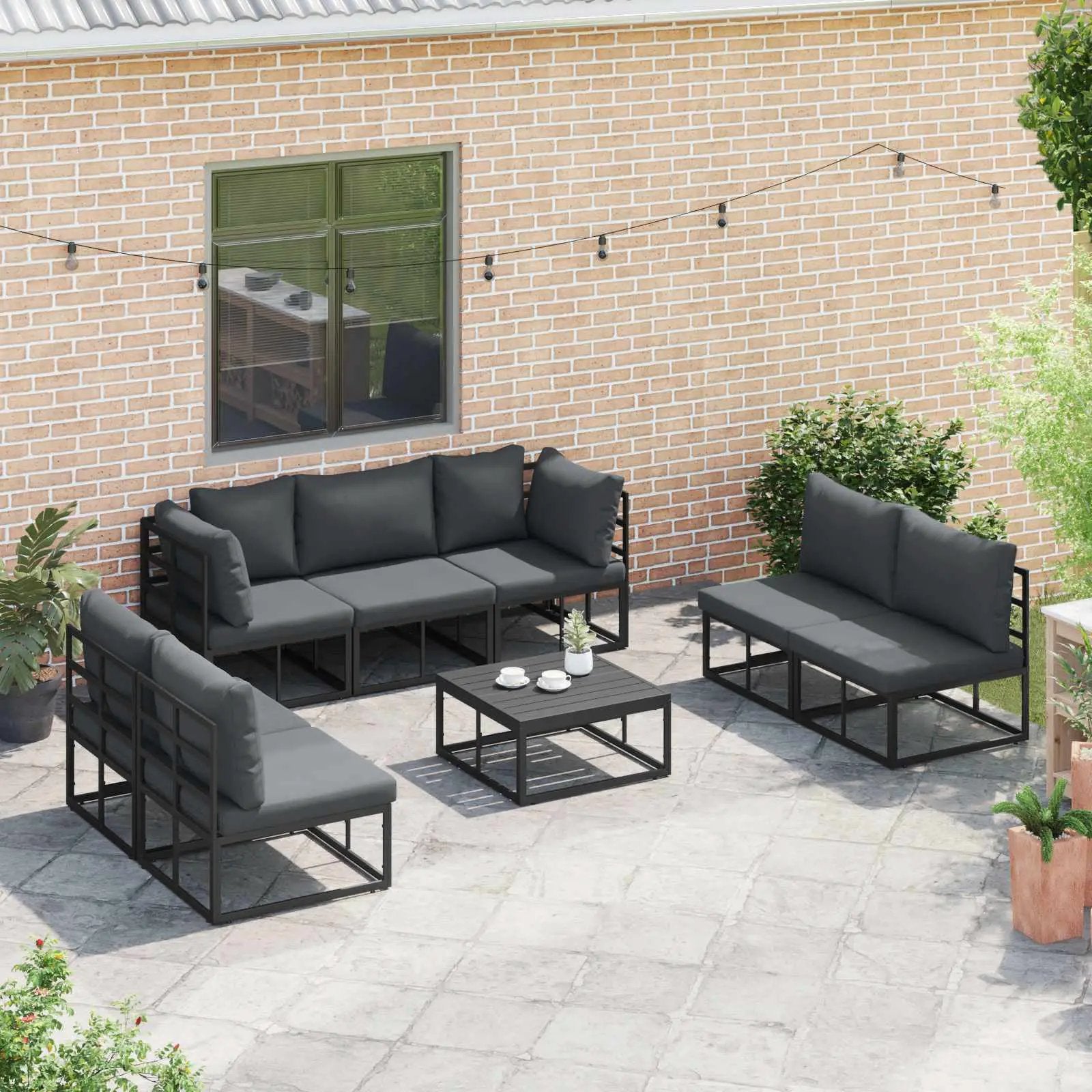 vidaXL vidaXL Garden Sofa Set with Cushion 7 pcs Black Aluminium - Garden Sofa Sets