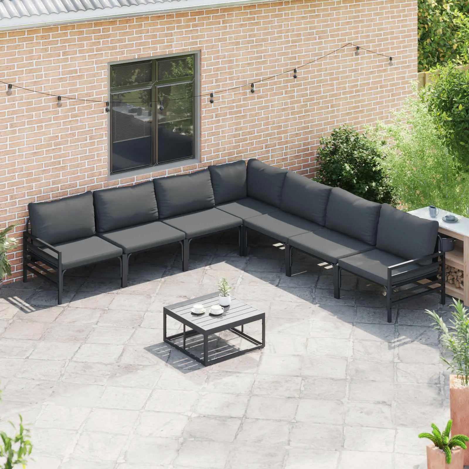 vidaXL vidaXL Garden Sofa Set with Cushion 7 pcs Black Steel - Garden Sofa Sets