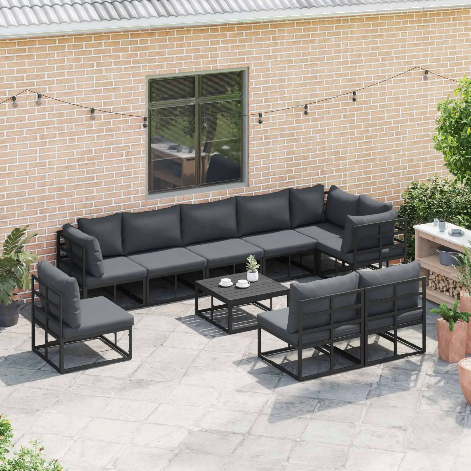 vidaXL vidaXL Garden Sofa Set with Cushion 9 pcs Black Aluminium - Garden Sofa Sets