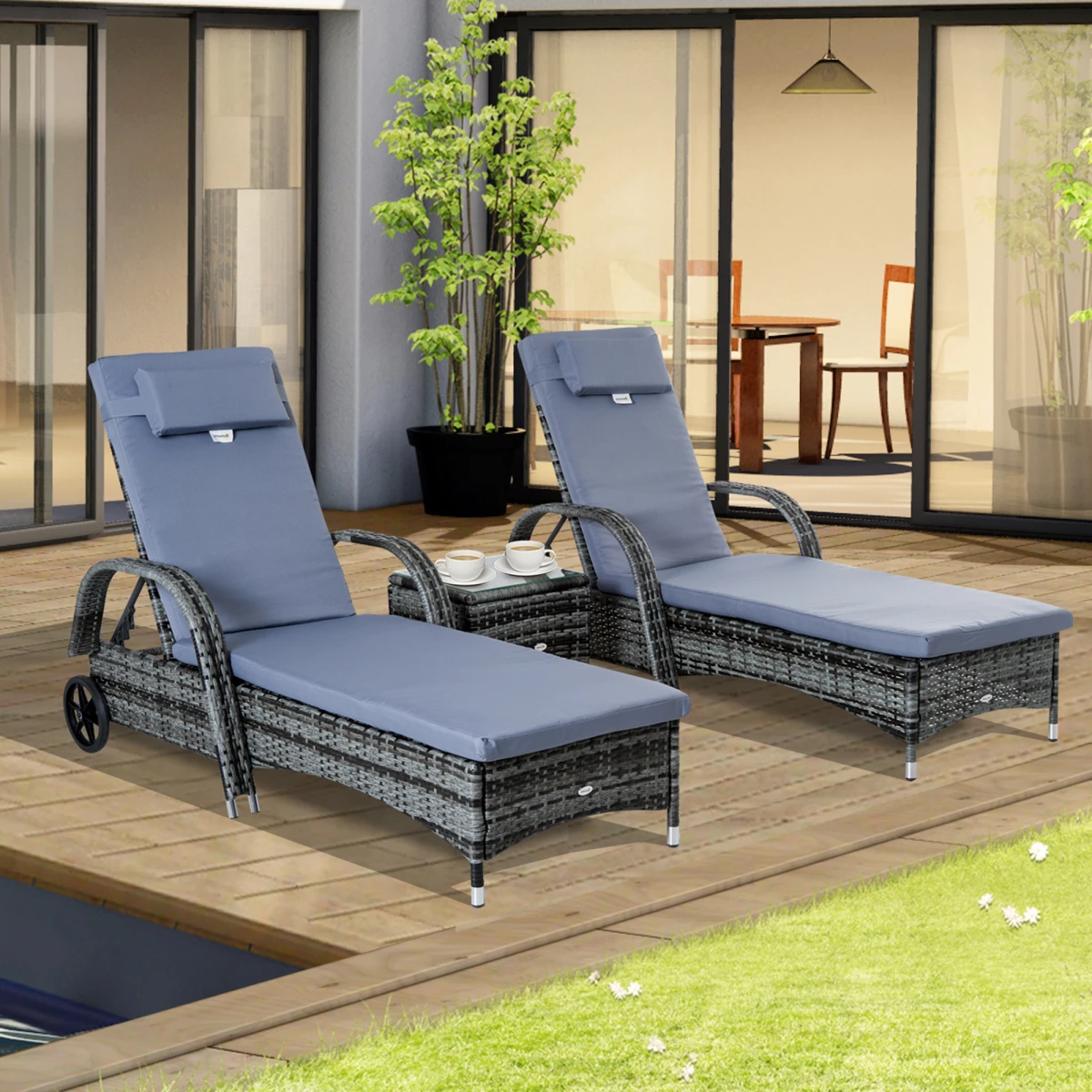 Outsunny Outsunny 3 Piece Sun Lounger Set With Cushions 5 Position Adjustable Outdoor Patio - Sun Lounger