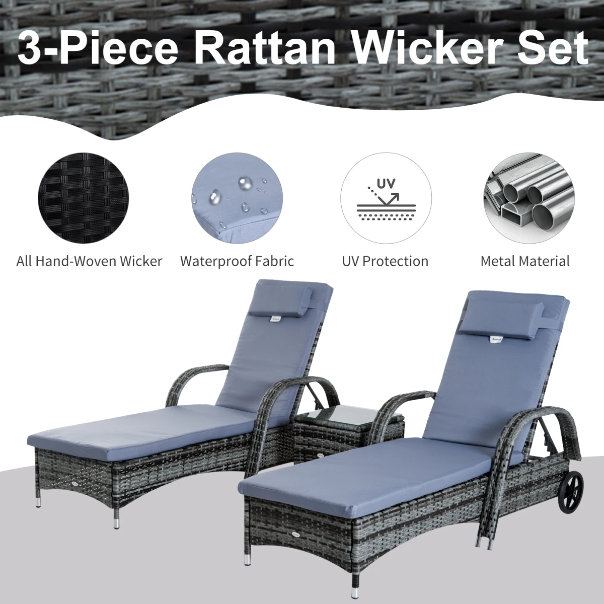 Outsunny Outsunny 3 Piece Sun Lounger Set With Cushions 5 Position Adjustable Outdoor Patio - Sun Lounger