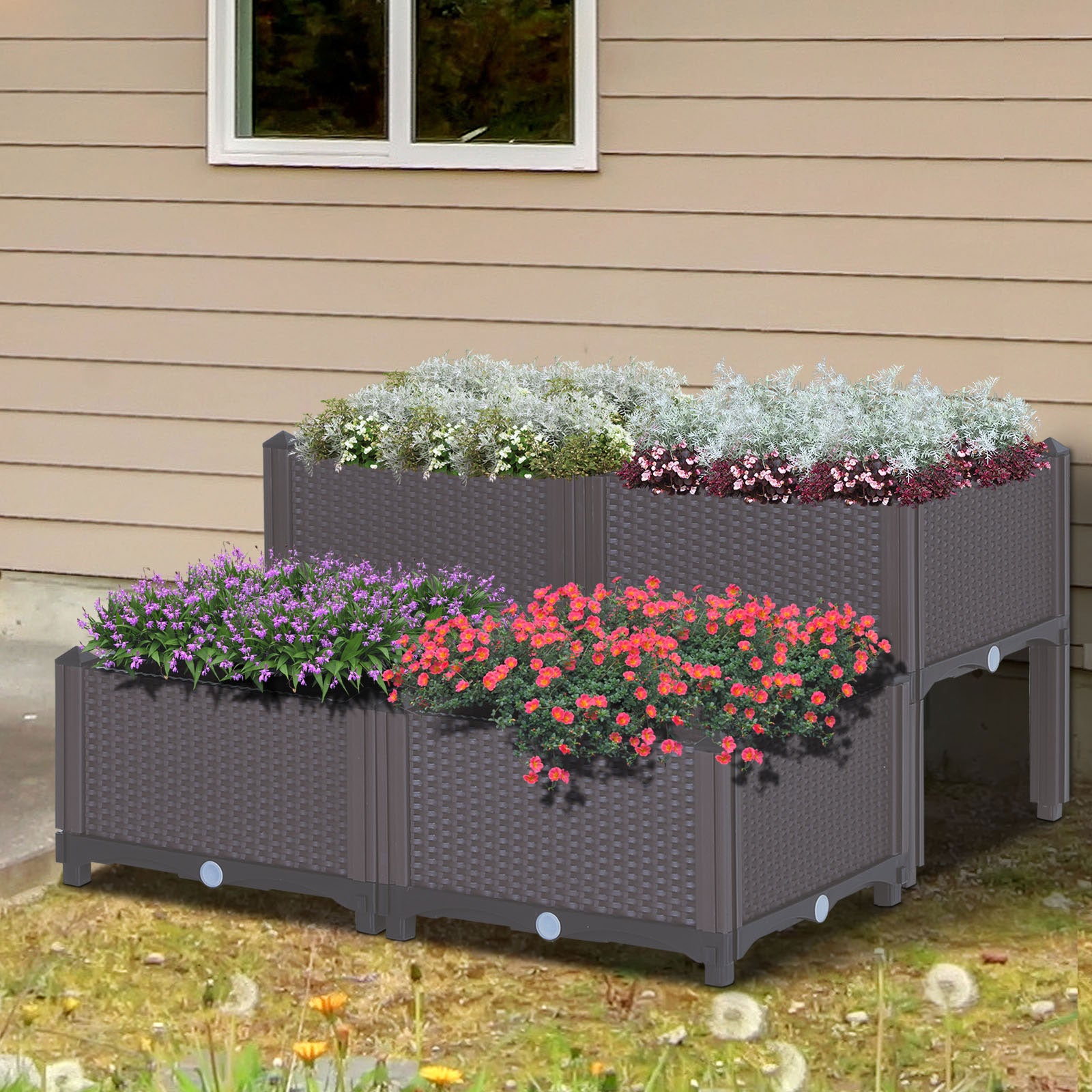 Outsunny two-tier raised planter boxes on a brown weatherproof frame with grey panels, filled with flowers.