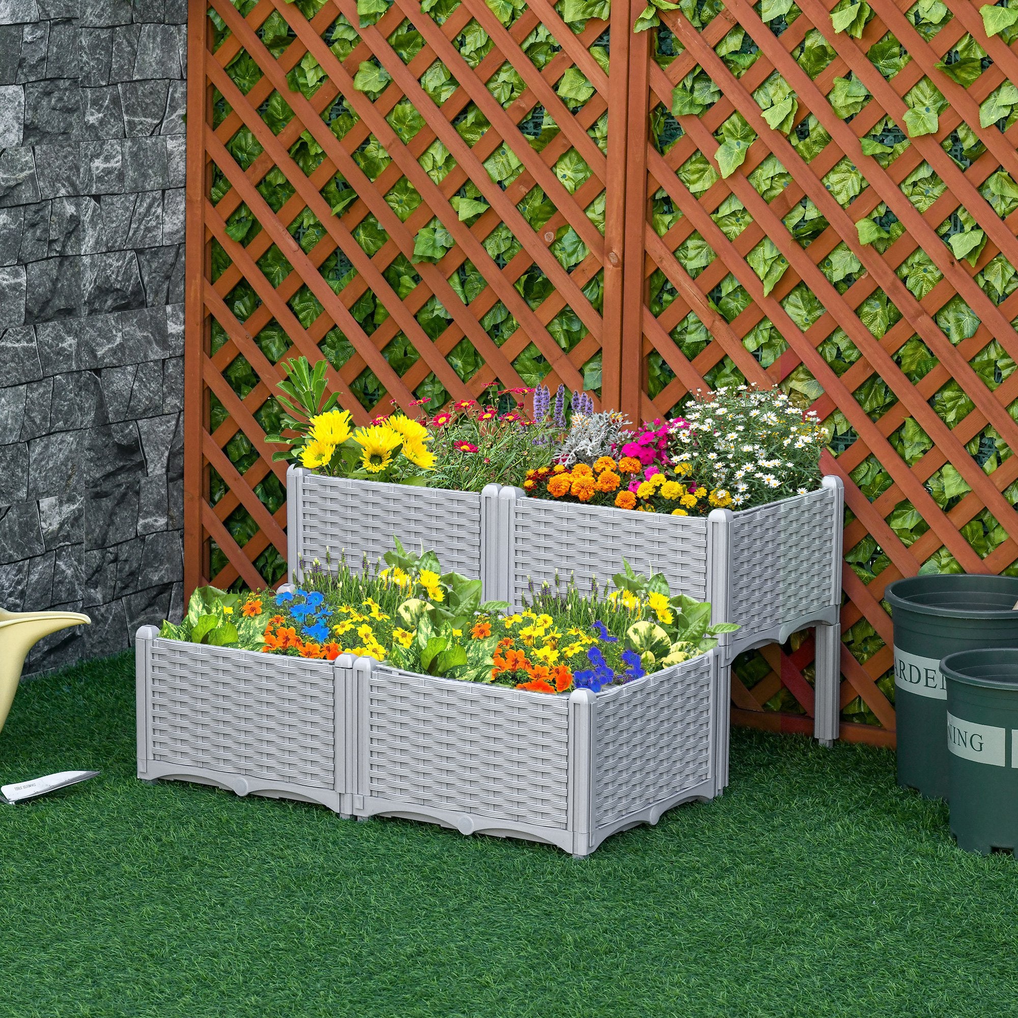 Outsunny two-tier raised planters on a brown weatherproof frame with grey panels, four filled planters on a patio.