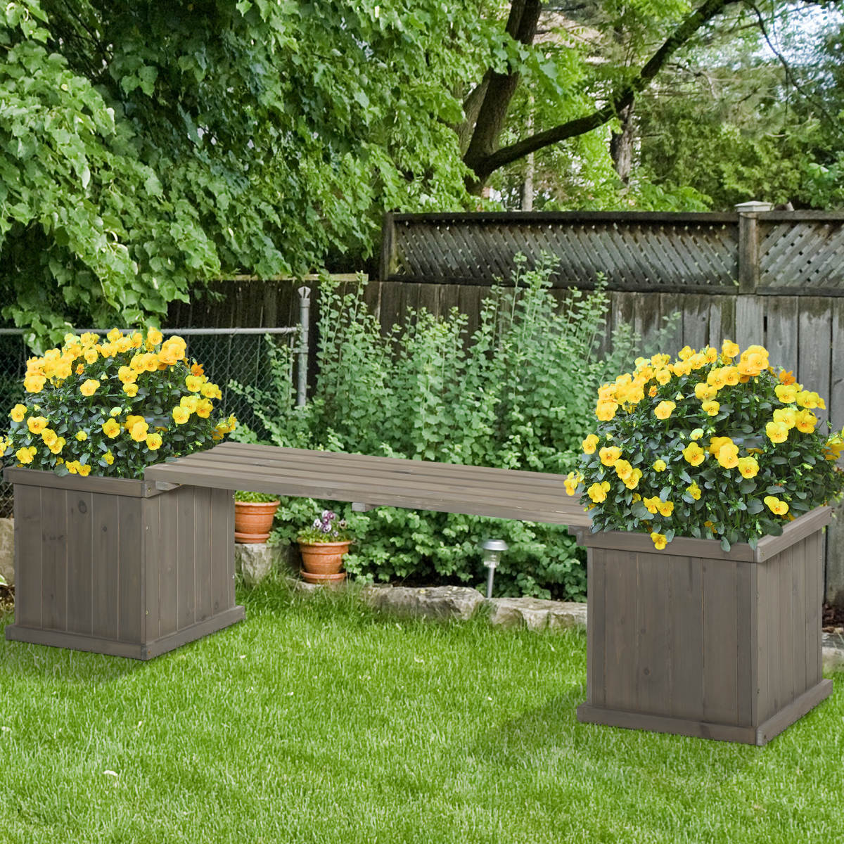 Outsunny Garden Planter Bench with dual raised planters and yellow flowers on a patio.