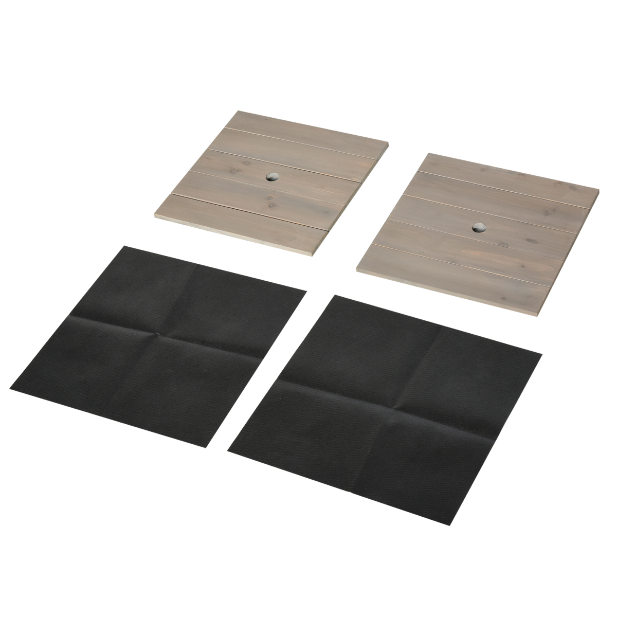 Outsunny dual planter bench components: two wooden end panels with central holes and two black fabric liners