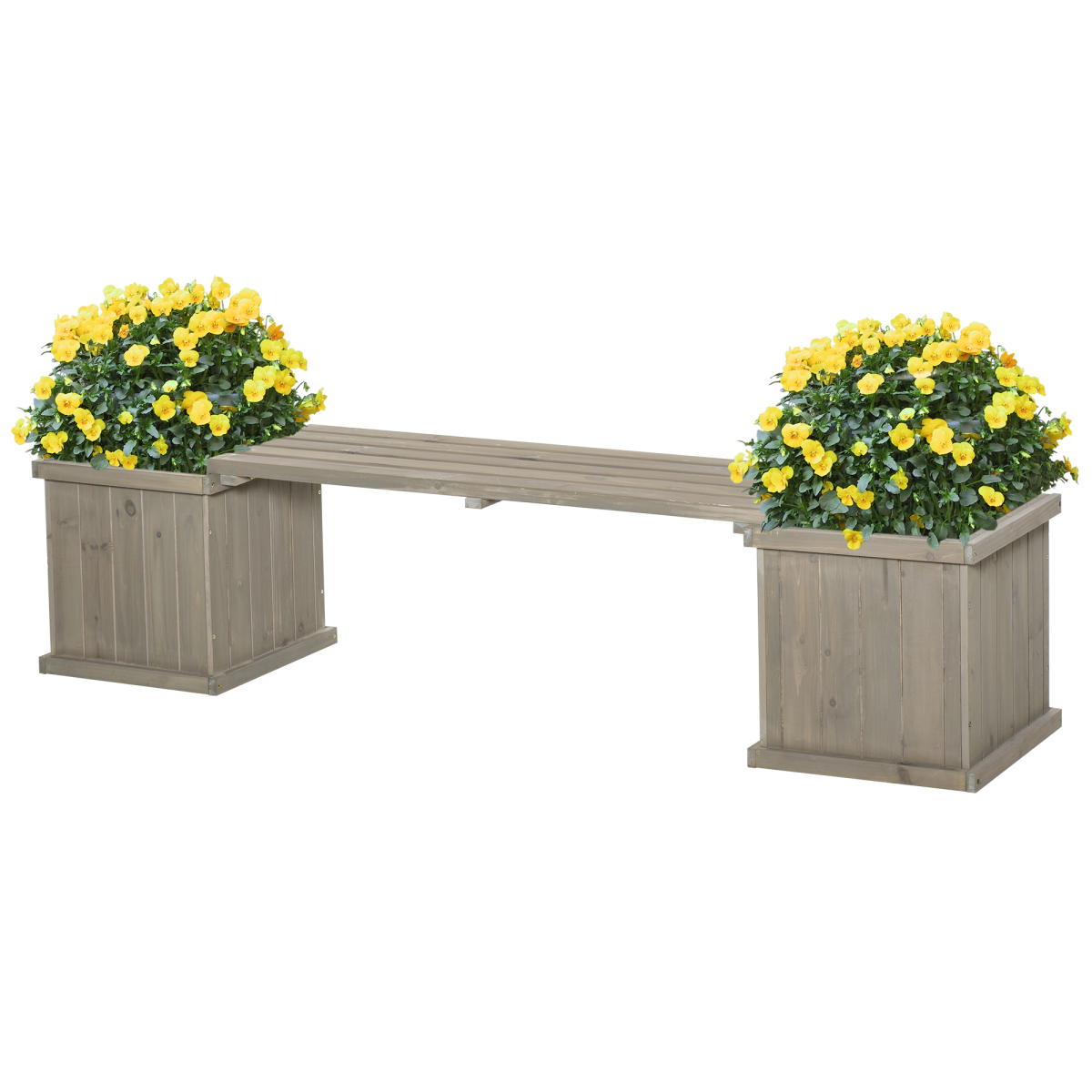 Outsunny wooden garden planter bench with dual end planters and yellow flowers on a patio.
