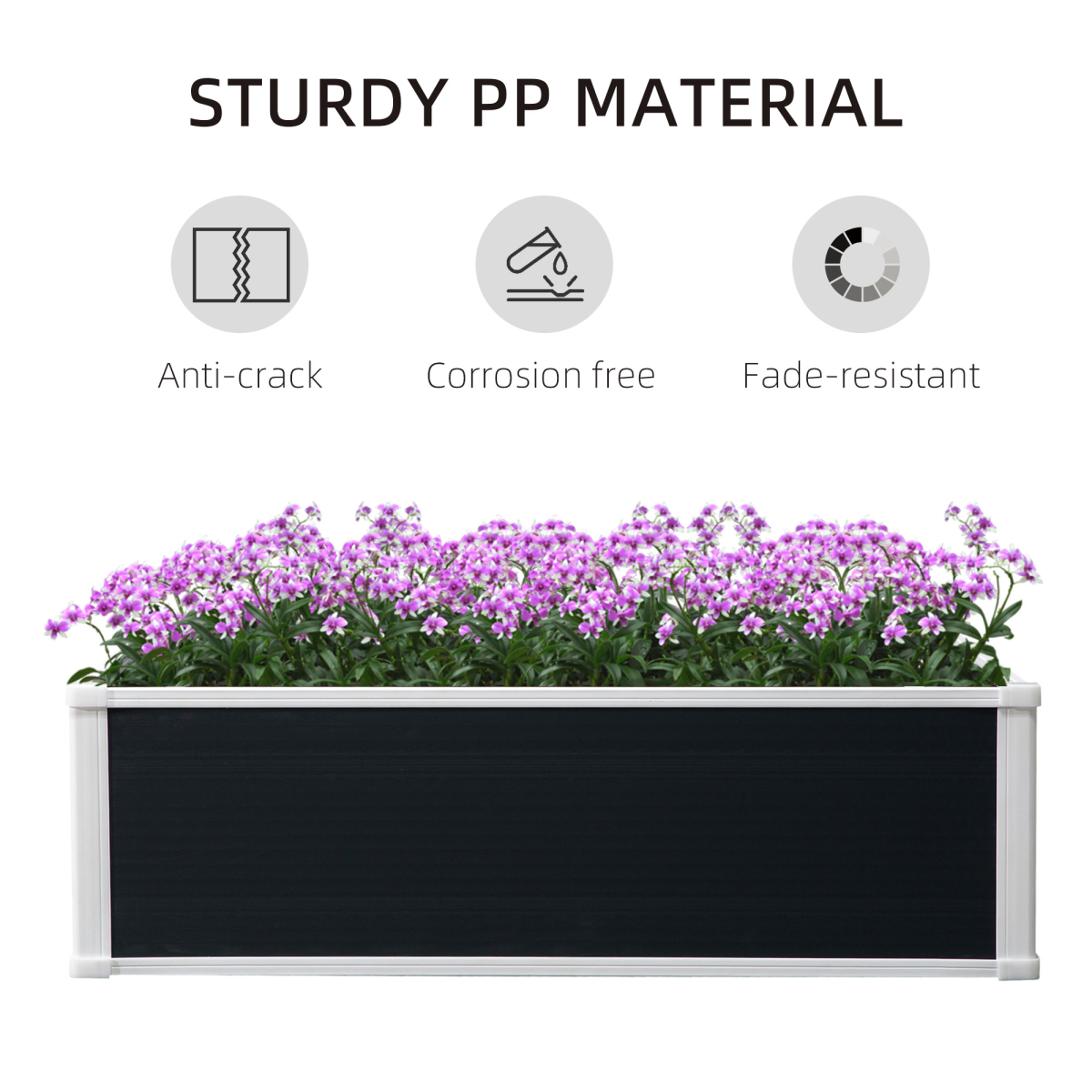 Outsunny Garden Raised Bed Planter 40x14x8 with purple flowers; sturdy PP, anti-crack, corrosion-free, fade-resistant.