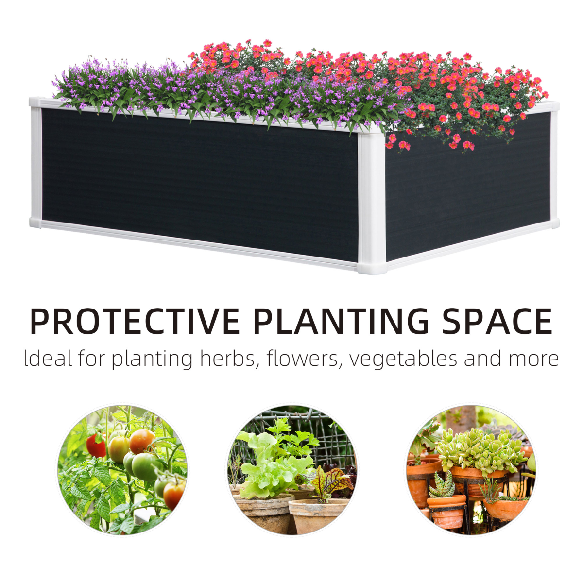 Outsunny Garden Raised Bed Planter 40x14x8 with white frame, filled with purple and red flowers.