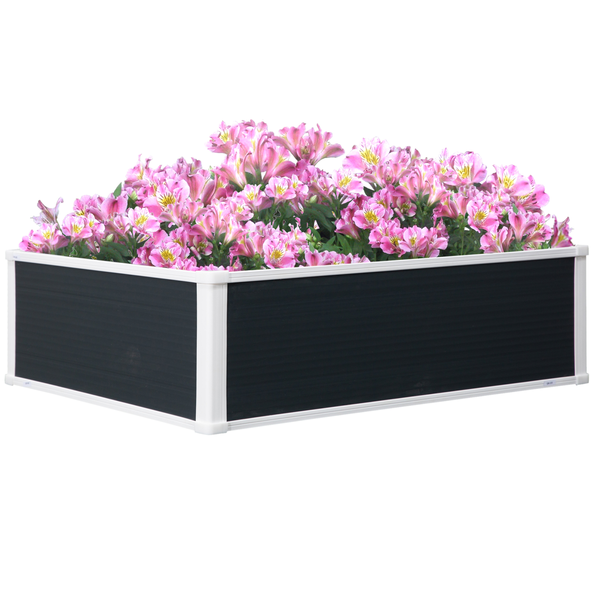 Outsunny garden raised bed planter with black panels and white frame, blooming pink flowers.