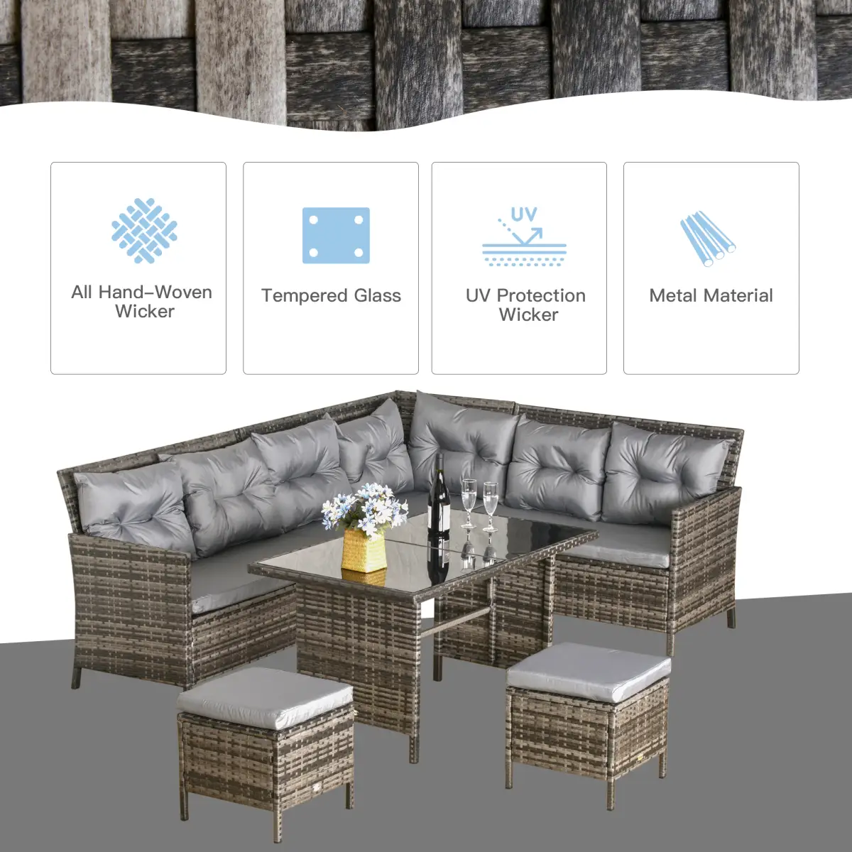 Outsunny 6PC Garden Rattan Corner Dining Sofa 7-seater Wicker Table Foot Stool - Garden Sofa Sets