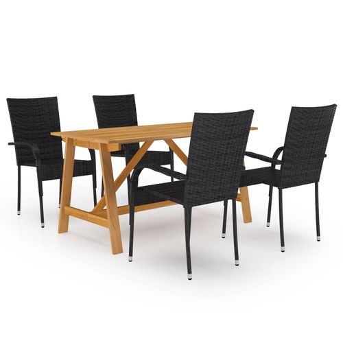 Enhance outdoor gatherings with the vidaXL 5 Piece Garden Dining Set featuring a solid acacia wood table and rattan chairs.