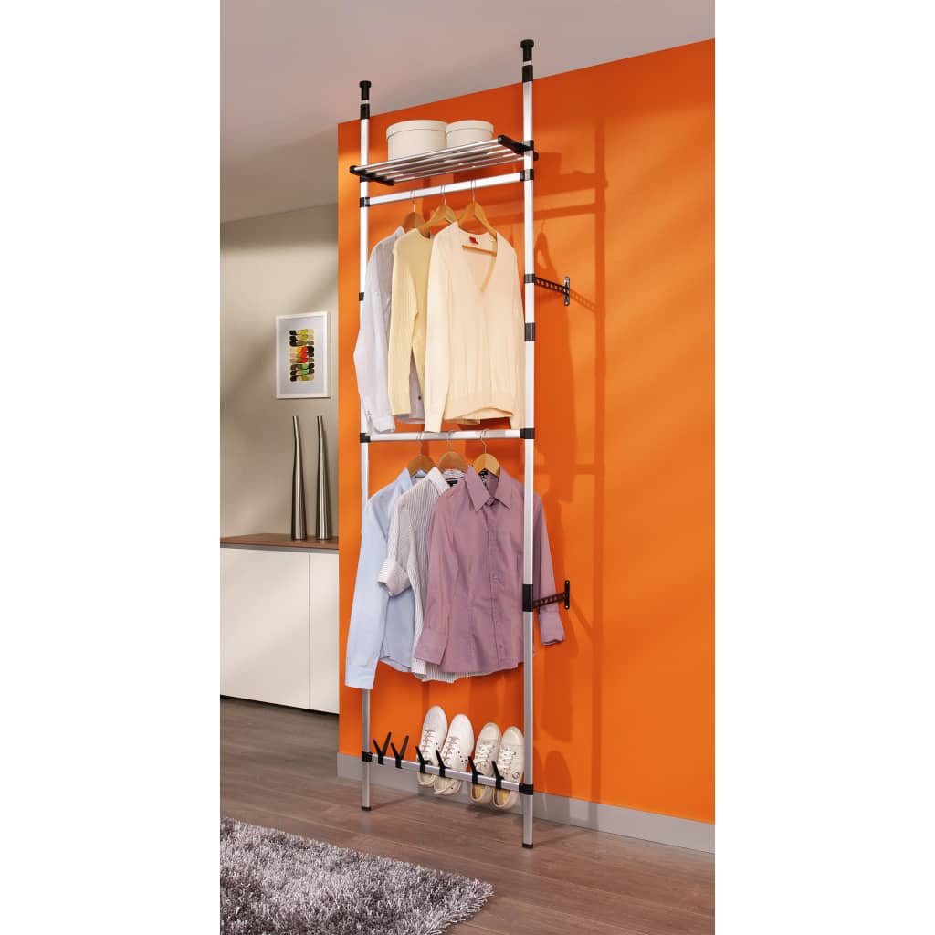 Aluminium Telescopic Wardrobe System For Small Spaces by Home Symphony: compact frame with hanging rail and shoe storage.
