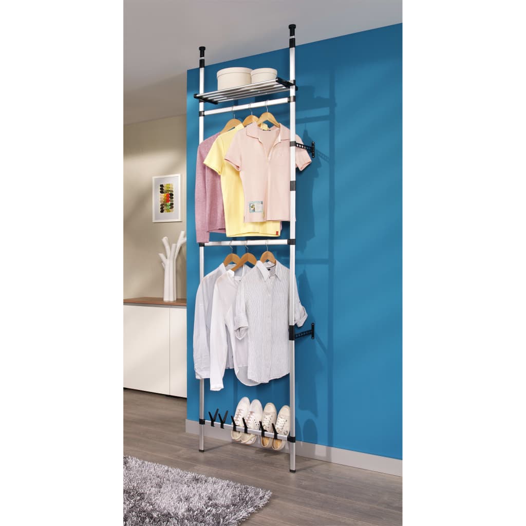 Aluminium Telescopic Wardrobe System For Small Spaces by Home Symphony — compact wardrobe with hanging and shelves.